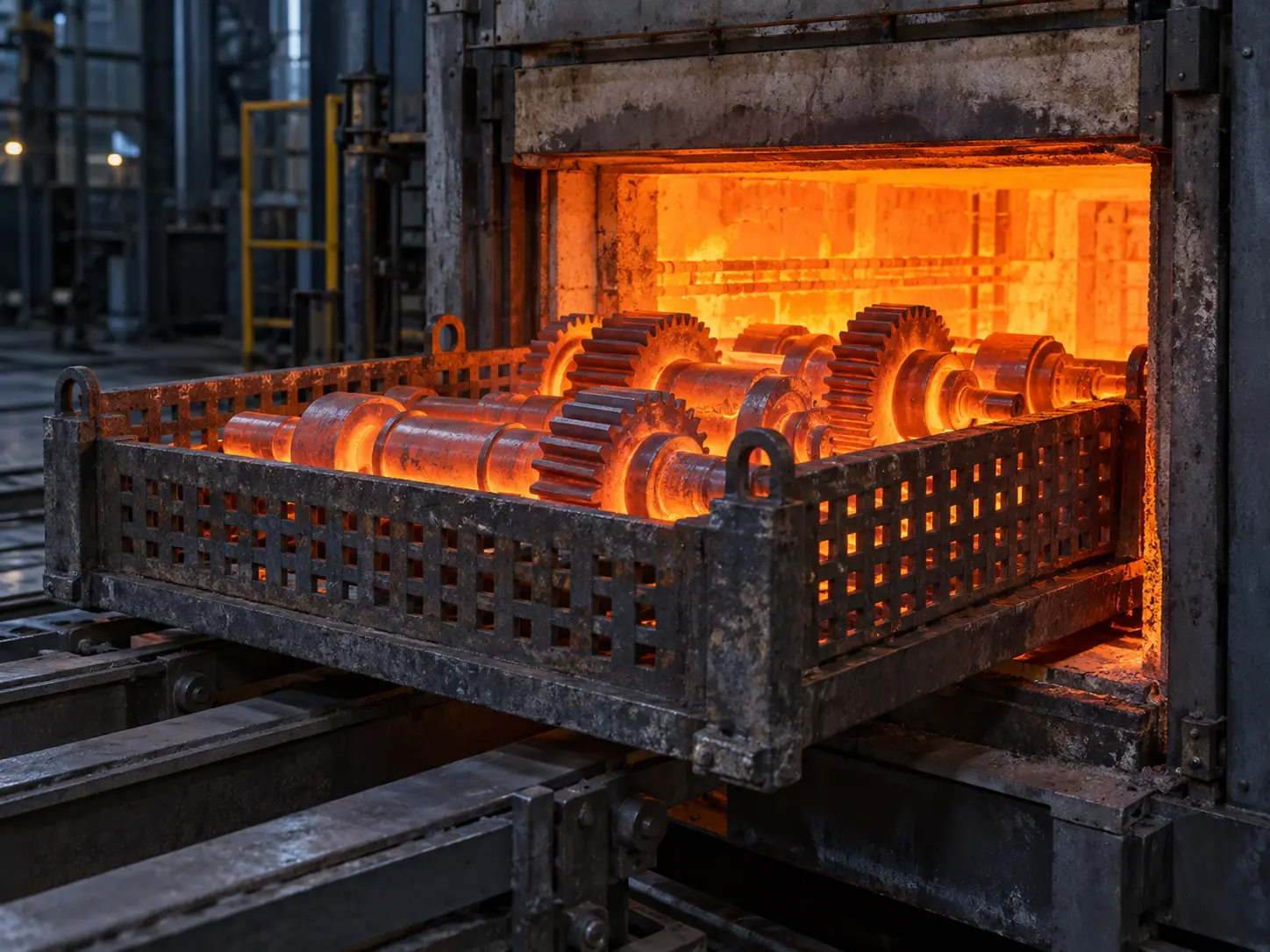 Componenti in acciaio in uscita dal forno di tempra